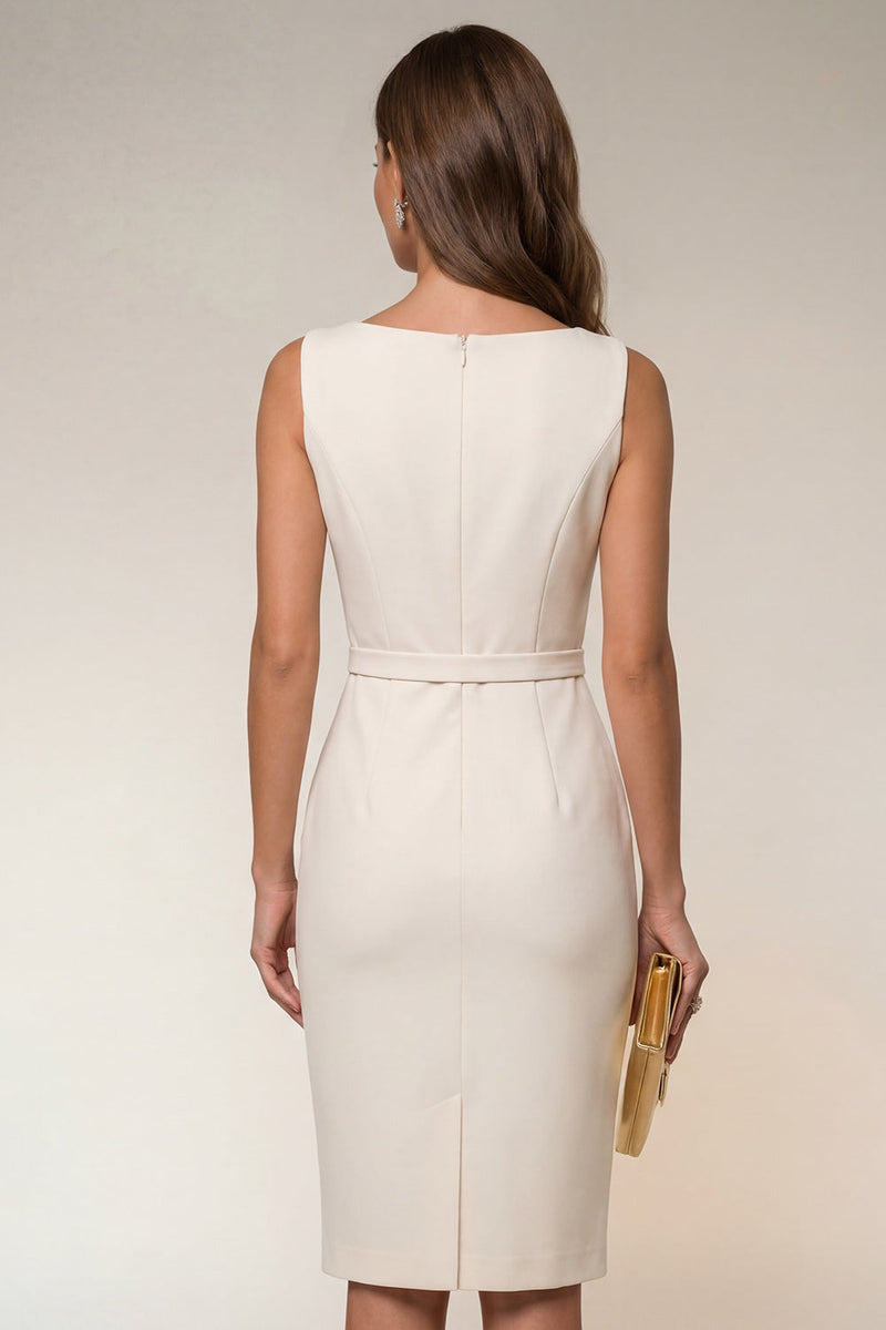 Laden Sie das Bild in den Galerie-Viewer, Elfenbeinfarbener Bodycon Bateau-Ausschnitt Midi-Arbeitskleid mit ärmellosem Kleid