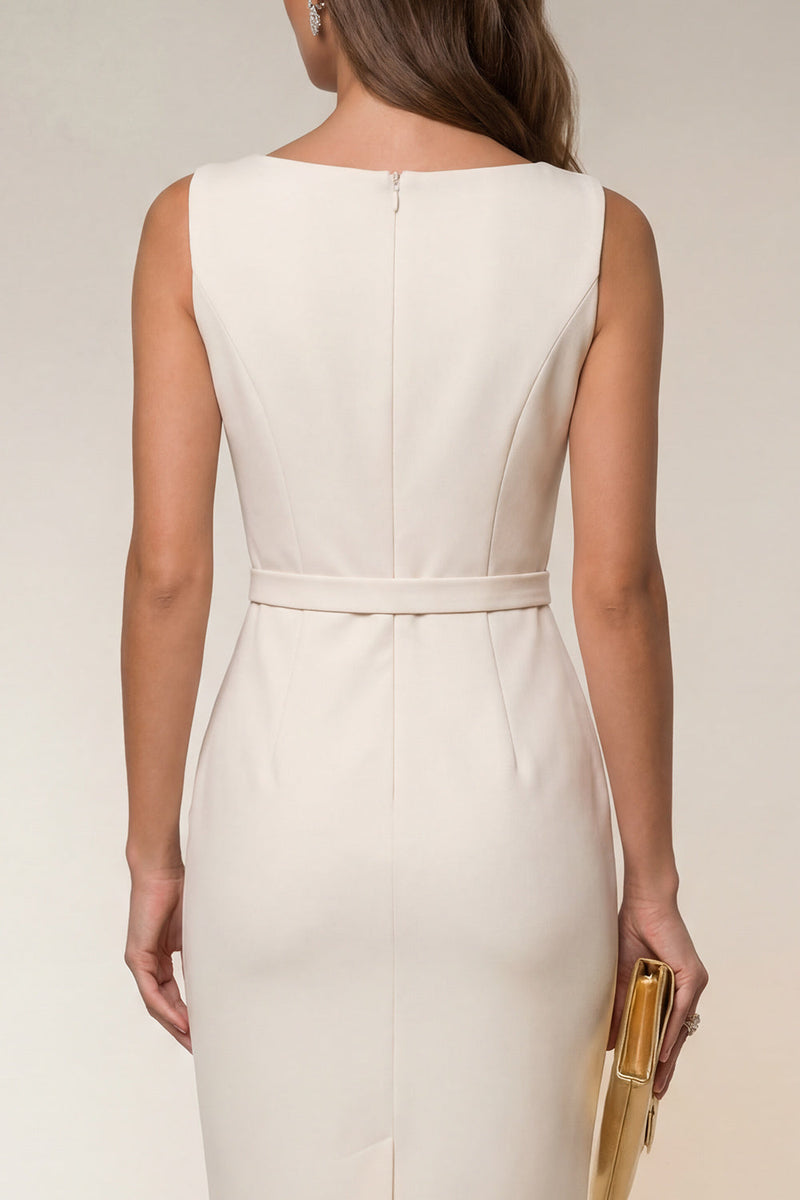 Laden Sie das Bild in den Galerie-Viewer, Elfenbeinfarbener Bodycon Bateau-Ausschnitt Midi-Arbeitskleid mit ärmellosem Kleid