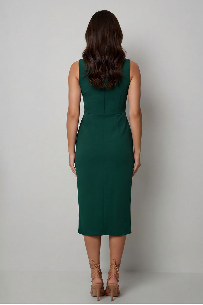 Laden Sie das Bild in den Galerie-Viewer, Bateau-Ausschnitt dunkelgrüner Bodycon Langes Arbeitskleid mit Schlitz