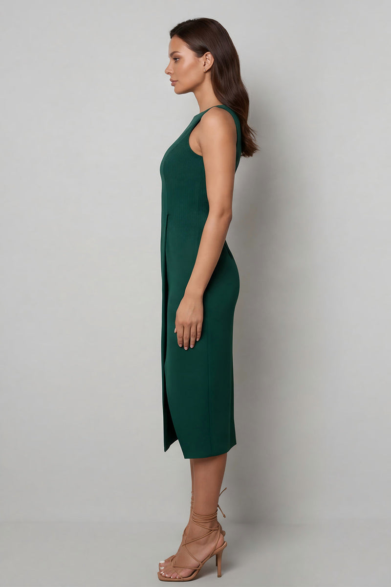 Laden Sie das Bild in den Galerie-Viewer, Bateau-Ausschnitt dunkelgrüner Bodycon Langes Arbeitskleid mit Schlitz