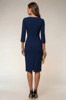 Laden Sie das Bild in den Galerie-Viewer, Cowl Neck Navy Bodycon 3/4 Ärmel Midi Arbeitskleid mit Schlitz