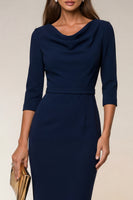 Laden Sie das Bild in den Galerie-Viewer, Cowl Neck Navy Bodycon 3/4 Ärmel Midi Arbeitskleid mit Schlitz