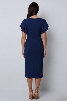 Bodycon Navy Flater-Ärmel V-Ausschnitt Midi-Arbeitskleid mit Schlitz