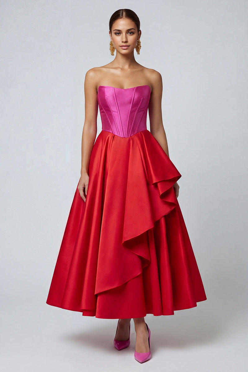 Laden Sie das Bild in den Galerie-Viewer, Fuchsia und Rotes Trägerloses A-Linie Korsett Rüschen Midi Festkleid
