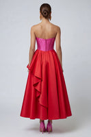 Laden Sie das Bild in den Galerie-Viewer, Fuchsia und Rotes Trägerloses A-Linie Korsett Rüschen Midi Festkleid