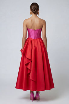 Fuchsia und Rotes Trägerloses A-Linie Korsett Rüschen Midi Festkleid