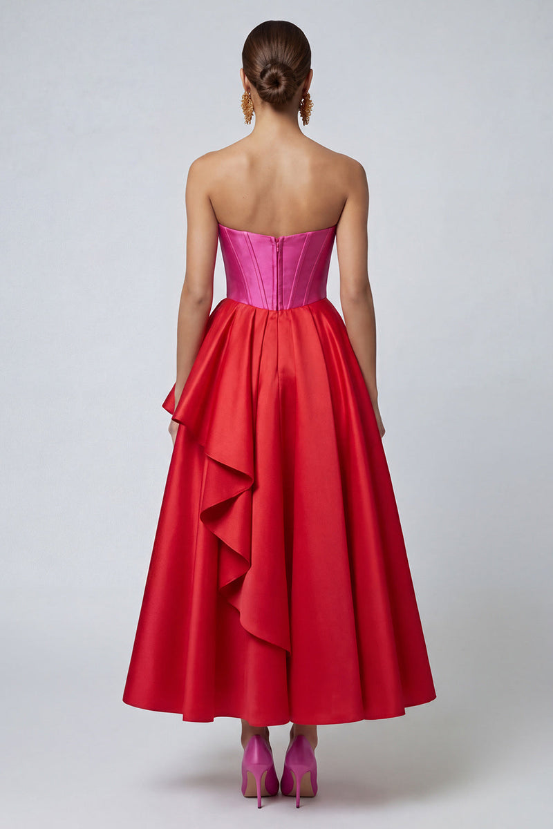 Laden Sie das Bild in den Galerie-Viewer, Fuchsia und Rotes Trägerloses A-Linie Korsett Rüschen Midi Festkleid