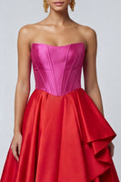 Laden Sie das Bild in den Galerie-Viewer, Fuchsia und Rotes Trägerloses A-Linie Korsett Rüschen Midi Festkleid