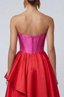 Laden Sie das Bild in den Galerie-Viewer, Fuchsia und Rotes Trägerloses A-Linie Korsett Rüschen Midi Festkleid