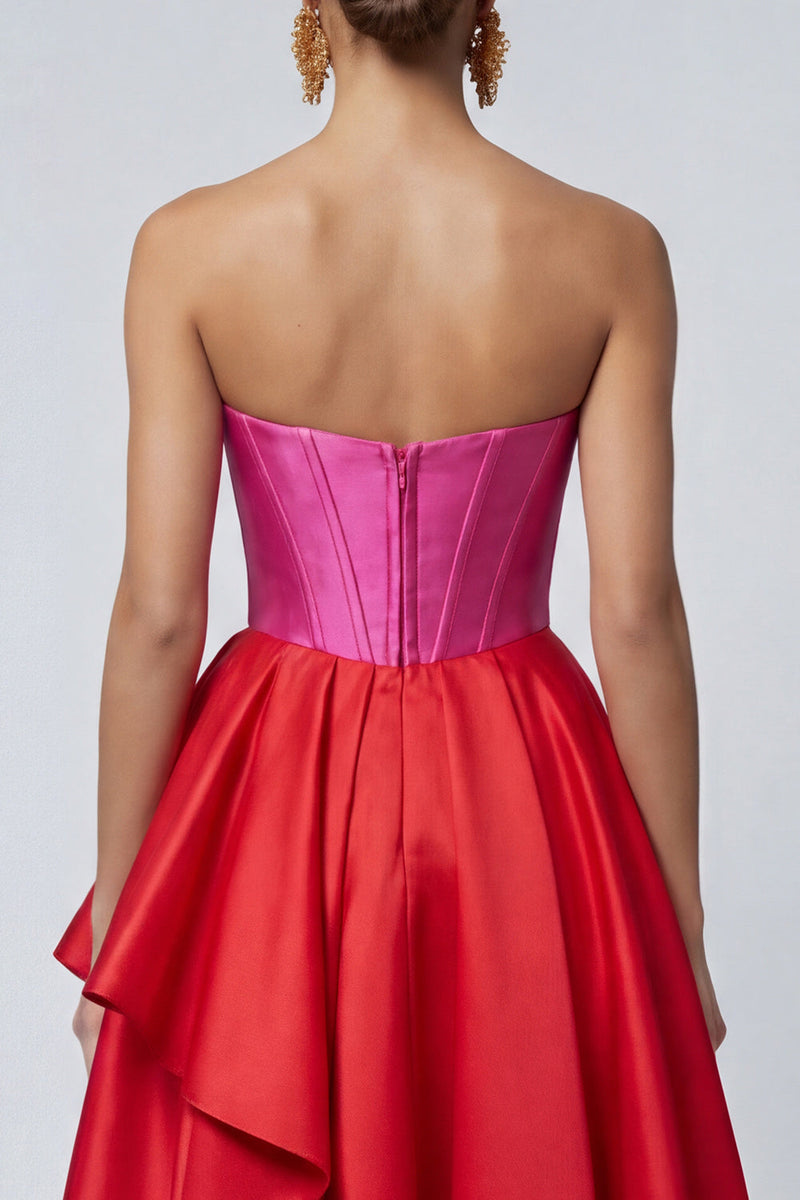 Laden Sie das Bild in den Galerie-Viewer, Fuchsia und Rotes Trägerloses A-Linie Korsett Rüschen Midi Festkleid