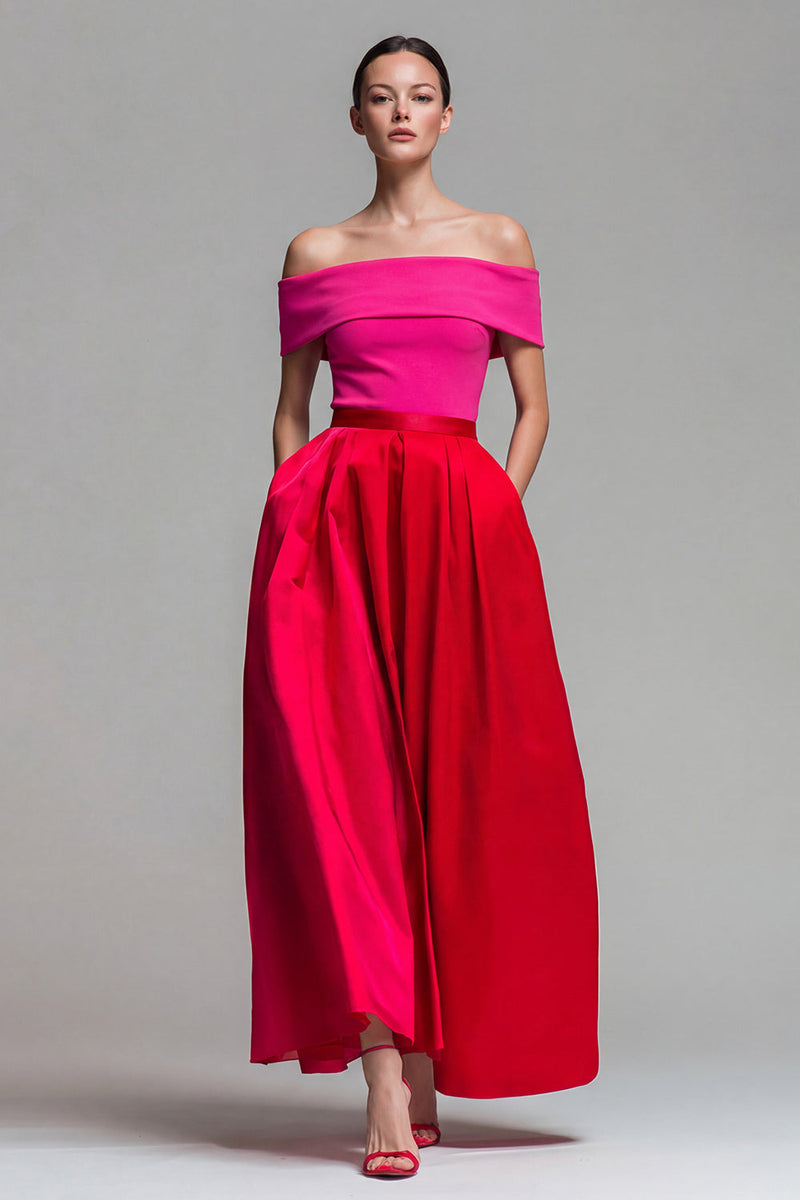 Laden Sie das Bild in den Galerie-Viewer, Schulterfreies Fuchsia und Rot A-Linie Midi Festkleid