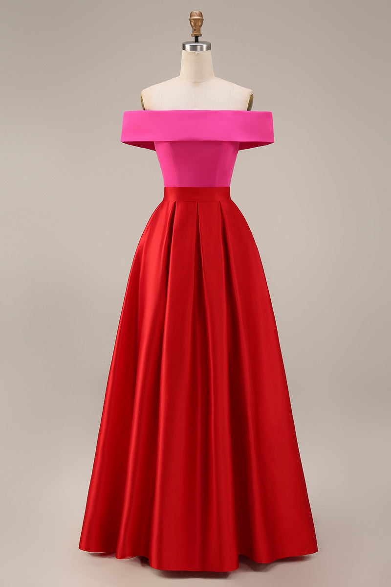 Laden Sie das Bild in den Galerie-Viewer, Schulterfreies Fuchsia und Rot A-Linie Midi Festkleid