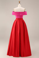 Laden Sie das Bild in den Galerie-Viewer, Schulterfreies Fuchsia und Rot A-Linie Midi Festkleid