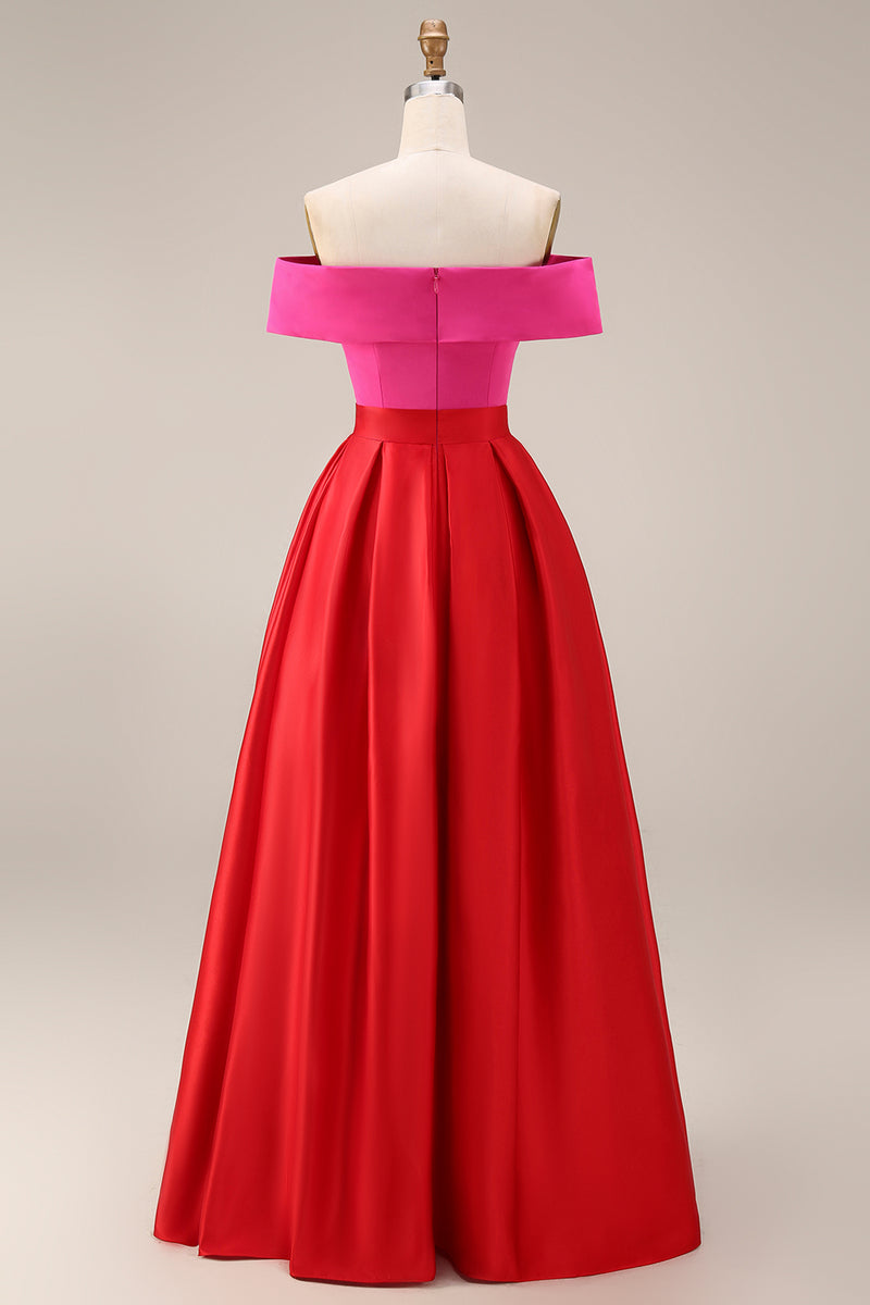 Laden Sie das Bild in den Galerie-Viewer, Schulterfreies Fuchsia und Rot A-Linie Midi Festkleid