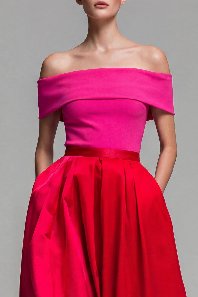 Laden Sie das Bild in den Galerie-Viewer, Schulterfreies Fuchsia und Rot A-Linie Midi Festkleid