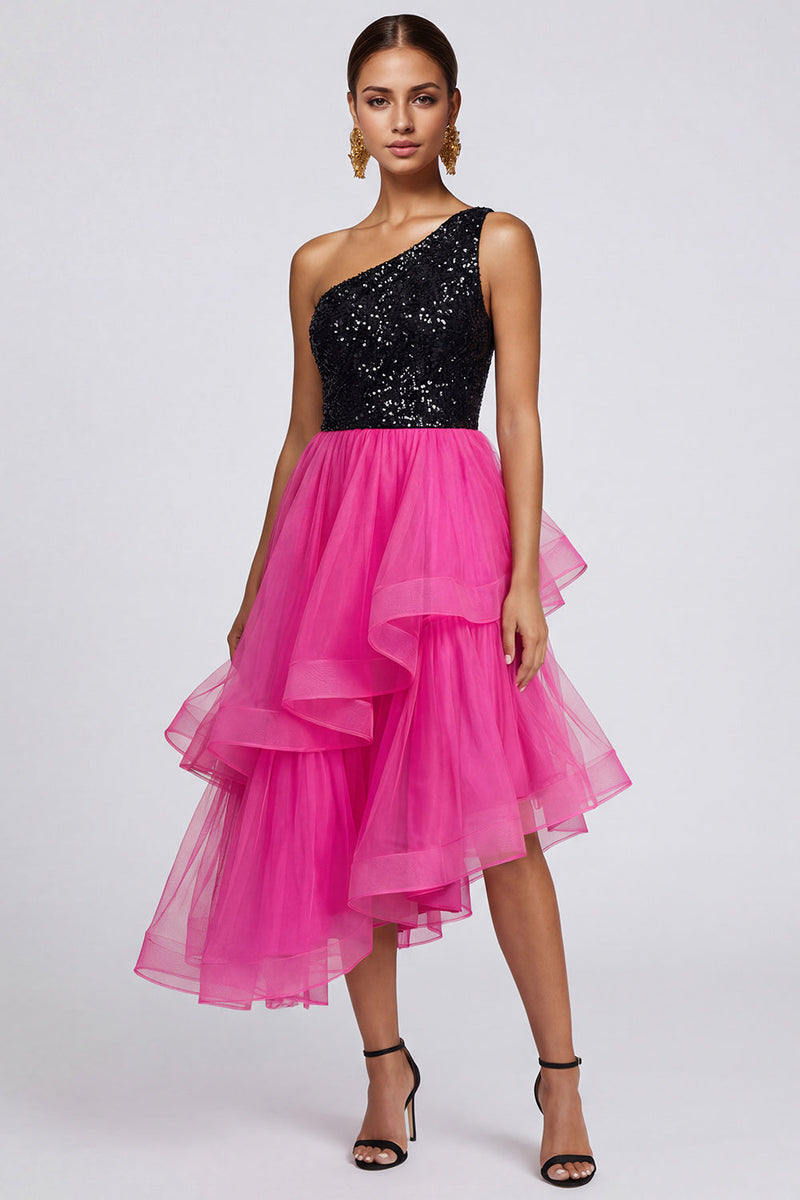 Laden Sie das Bild in den Galerie-Viewer, Fuchsia und Schwarzes Einschulter Pailletten Rüschen Partykleid