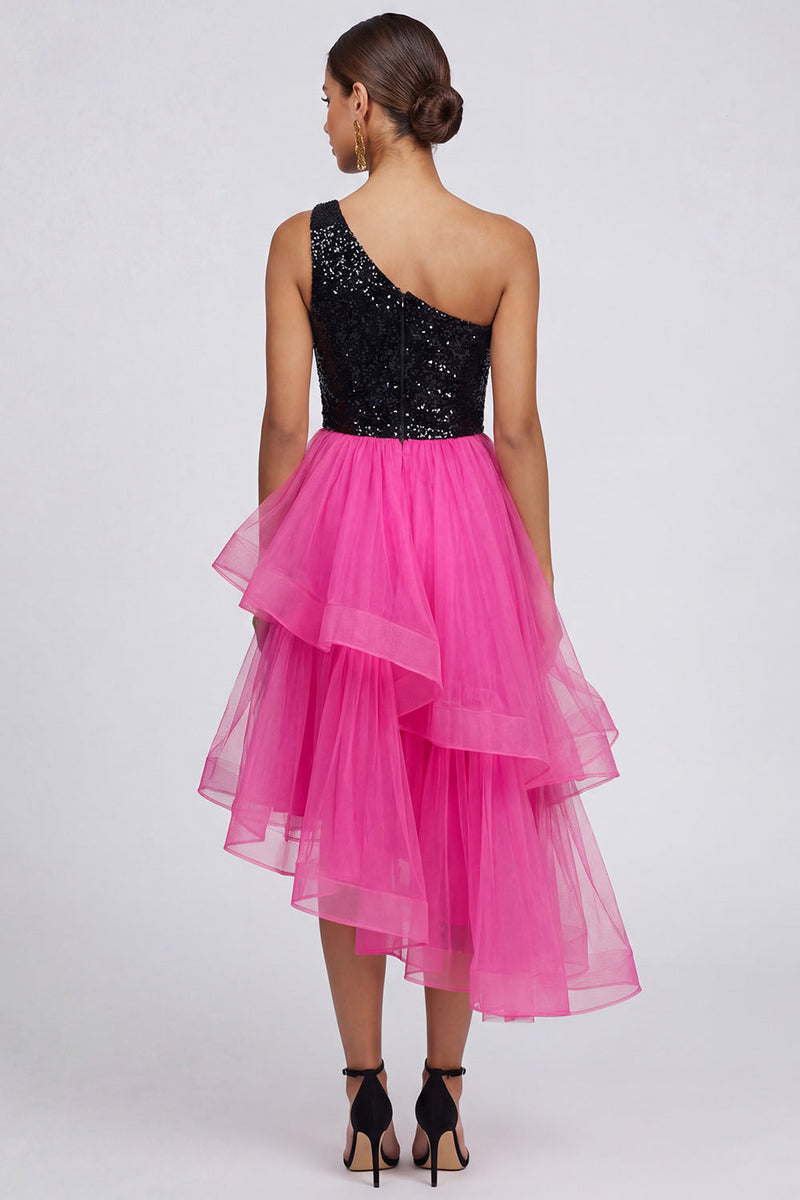 Laden Sie das Bild in den Galerie-Viewer, Fuchsia und Schwarzes Einschulter Pailletten Rüschen Partykleid