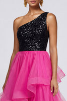 Laden Sie das Bild in den Galerie-Viewer, Fuchsia und Schwarzes Einschulter Pailletten Rüschen Partykleid