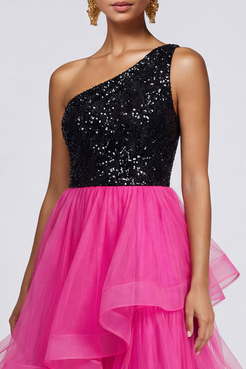 Laden Sie das Bild in den Galerie-Viewer, Fuchsia und Schwarzes Einschulter Pailletten Rüschen Partykleid