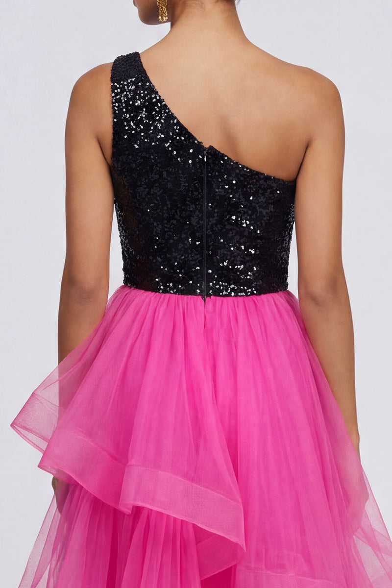 Laden Sie das Bild in den Galerie-Viewer, Fuchsia und Schwarzes Einschulter Pailletten Rüschen Partykleid