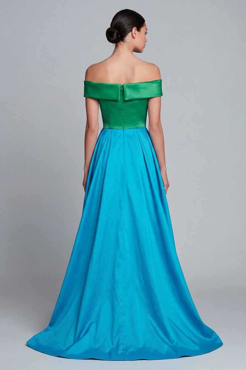 Laden Sie das Bild in den Galerie-Viewer, Schulterfreies Grün und Blau A-Linie Satin Asymmetrisches Formelles Kleid