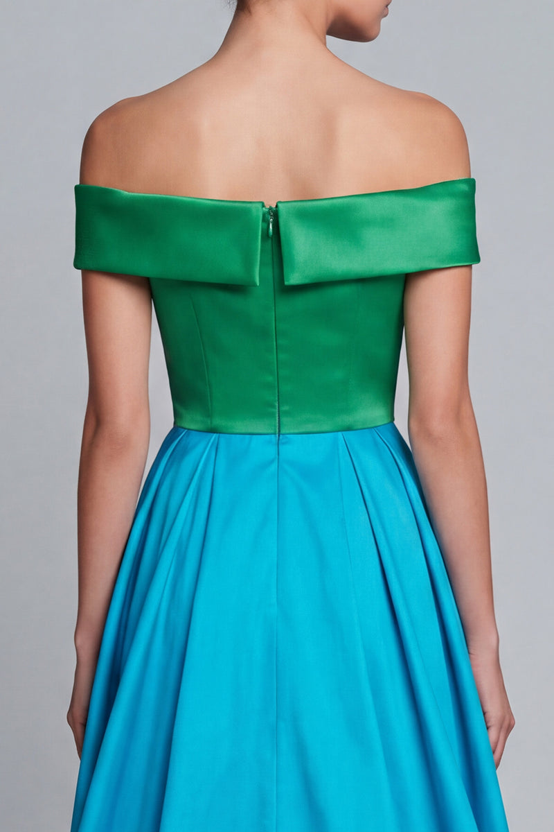 Laden Sie das Bild in den Galerie-Viewer, Schulterfreies Grün und Blau A-Linie Satin Asymmetrisches Formelles Kleid