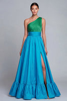Laden Sie das Bild in den Galerie-Viewer, Eine Schulter Grün und Blau A-Linie Langes Festkleid mit Schlitz