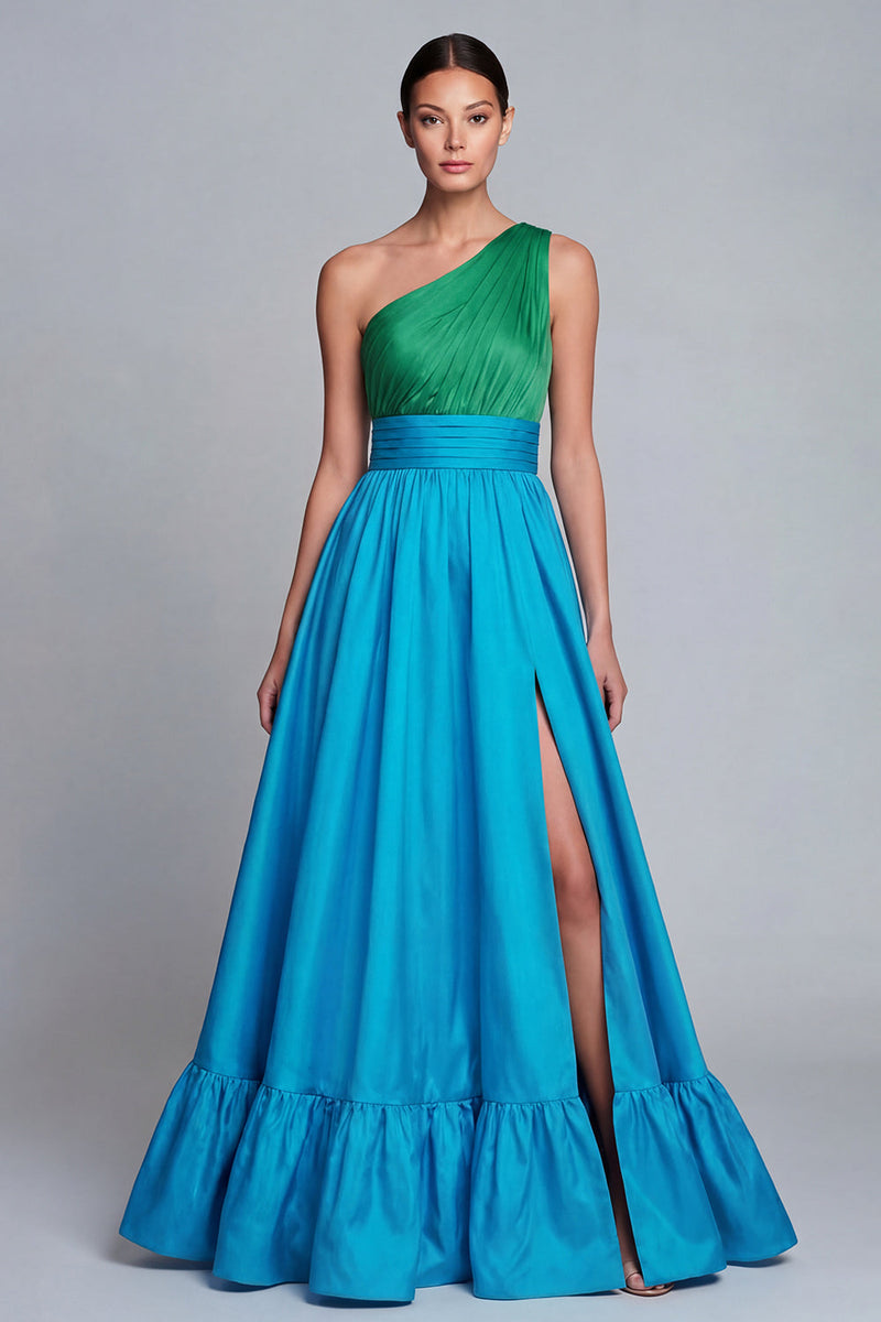Laden Sie das Bild in den Galerie-Viewer, Eine Schulter Grün und Blau A-Linie Langes Festkleid mit Schlitz