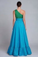 Laden Sie das Bild in den Galerie-Viewer, Eine Schulter Grün und Blau A-Linie Langes Festkleid mit Schlitz