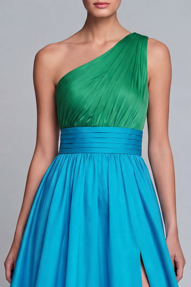 Laden Sie das Bild in den Galerie-Viewer, Eine Schulter Grün und Blau A-Linie Langes Festkleid mit Schlitz