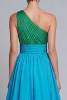 Laden Sie das Bild in den Galerie-Viewer, Eine Schulter Grün und Blau A-Linie Langes Festkleid mit Schlitz