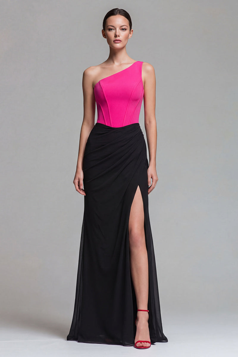 Laden Sie das Bild in den Galerie-Viewer, Fuchsia und Schwarzes Einschulteriges Korsett Meerjungfrauen Langes Festkleid mit Schlitz