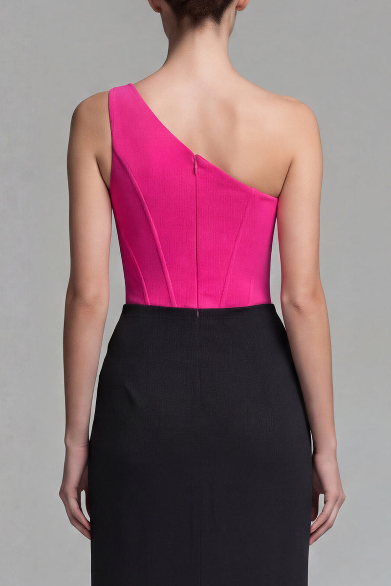 Laden Sie das Bild in den Galerie-Viewer, Fuchsia und Schwarzes Einschulteriges Korsett Meerjungfrauen Langes Festkleid mit Schlitz