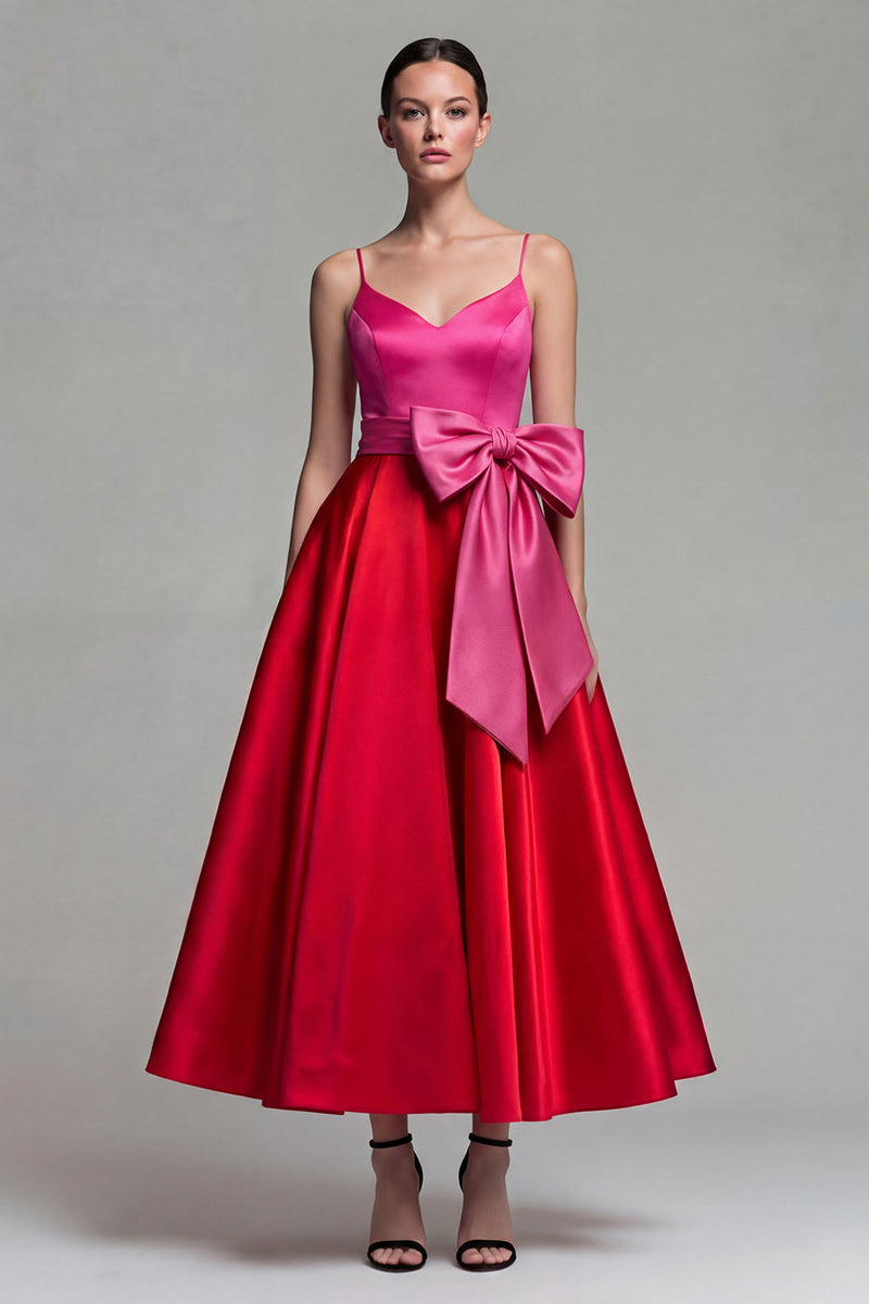 Laden Sie das Bild in den Galerie-Viewer, Fuchsia und Rot A-Linie Satin Spaghetti-Träger Midi Festkleid mit Schleife