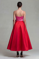 Laden Sie das Bild in den Galerie-Viewer, Fuchsia und Rot A-Linie Satin Spaghetti-Träger Midi Festkleid mit Schleife