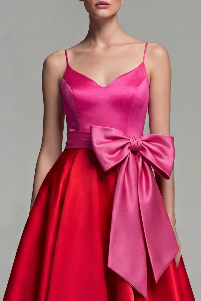 Laden Sie das Bild in den Galerie-Viewer, Fuchsia und Rot A-Linie Satin Spaghetti-Träger Midi Festkleid mit Schleife
