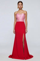 Laden Sie das Bild in den Galerie-Viewer, Trägerloses Meerjungfrauen Rosa und Rotes Langes Festkleid mit Schlitz