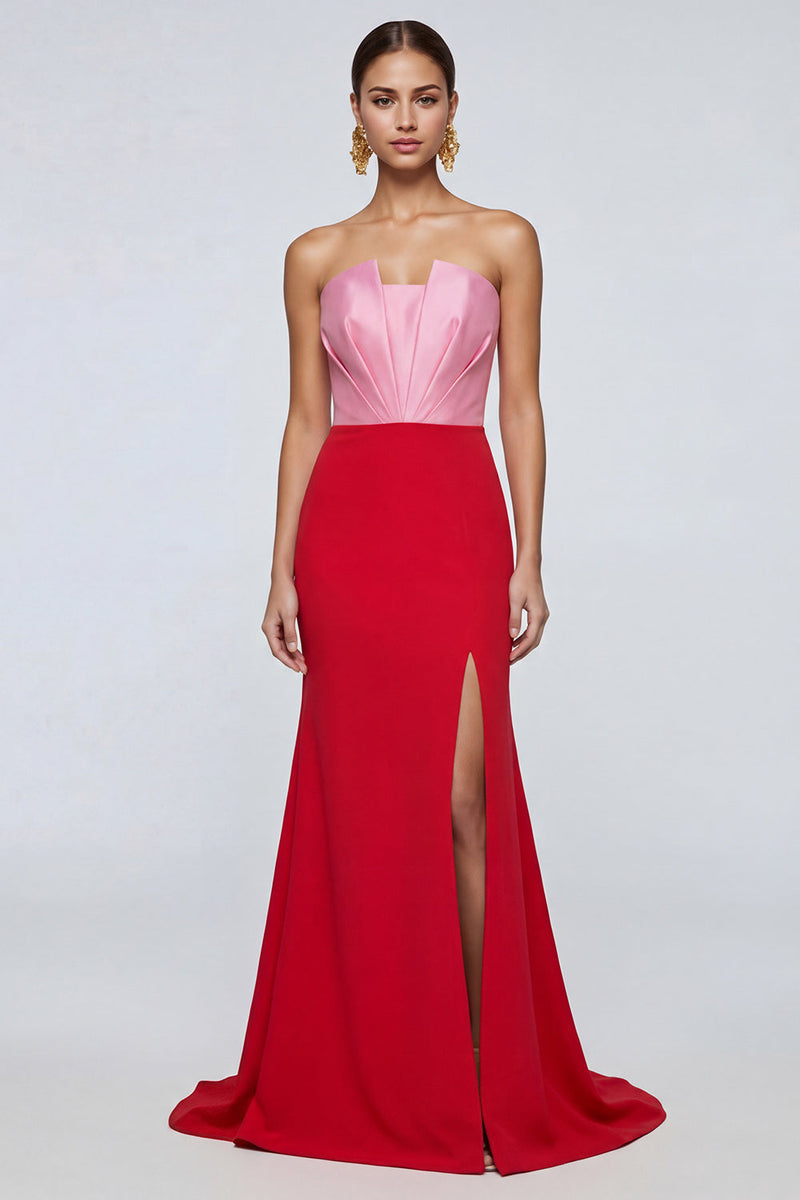 Laden Sie das Bild in den Galerie-Viewer, Trägerloses Meerjungfrauen Rosa und Rotes Langes Festkleid mit Schlitz