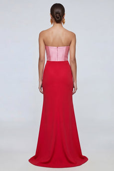 Trägerloses Meerjungfrauen Rosa und Rotes Langes Festkleid mit Schlitz