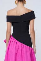 Laden Sie das Bild in den Galerie-Viewer, Fuchsia und Schwarz A-Linie Schulterfreies Asymmetrisches Festliches Kleid mit Rüschen