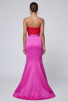 Fuchsia und Rotes Meerjungfrauen Trägerloses Langes Festkleid mit Schleife