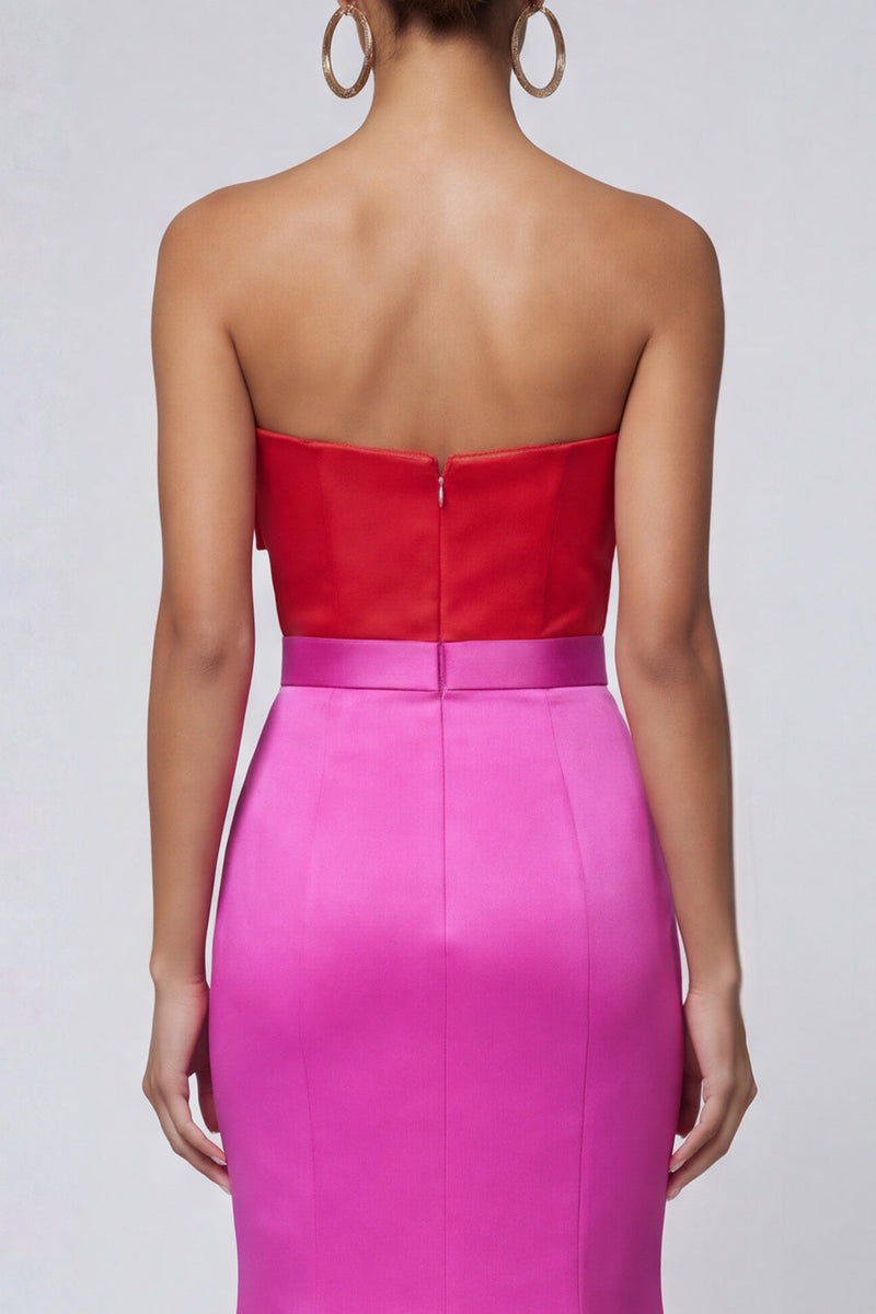 Laden Sie das Bild in den Galerie-Viewer, Fuchsia und Rotes Meerjungfrauen Trägerloses Langes Festkleid mit Schleife