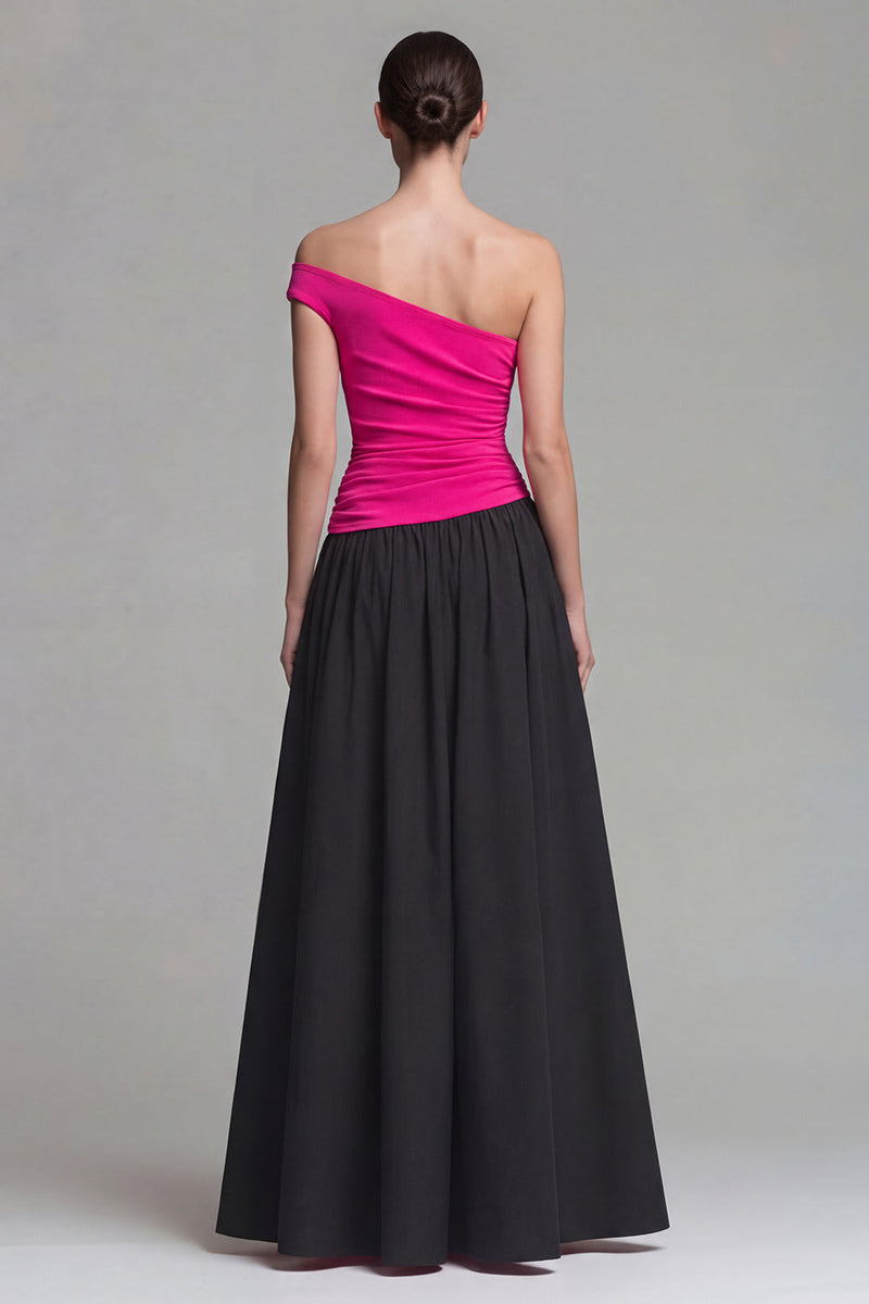 Laden Sie das Bild in den Galerie-Viewer, Fuchsia und Schwarz Einschulter A-Linie Langes Festliches Kleid