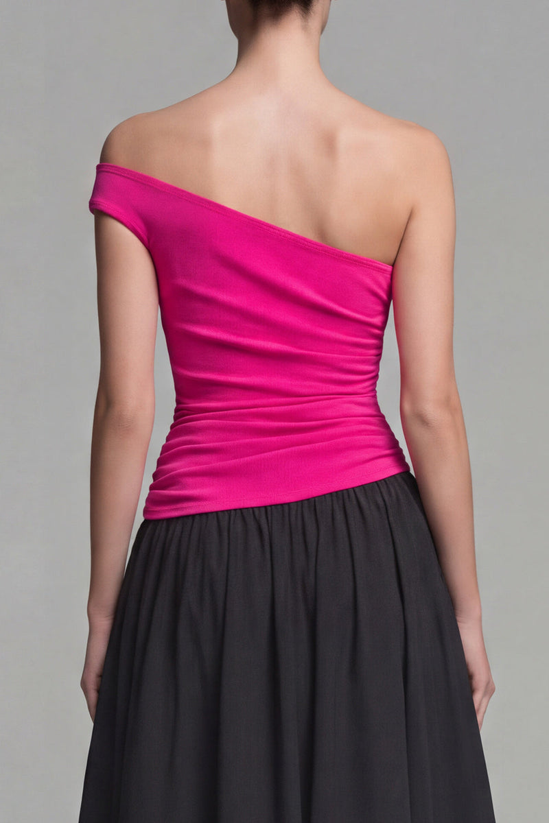 Laden Sie das Bild in den Galerie-Viewer, Fuchsia und Schwarz Einschulter A-Linie Langes Festliches Kleid