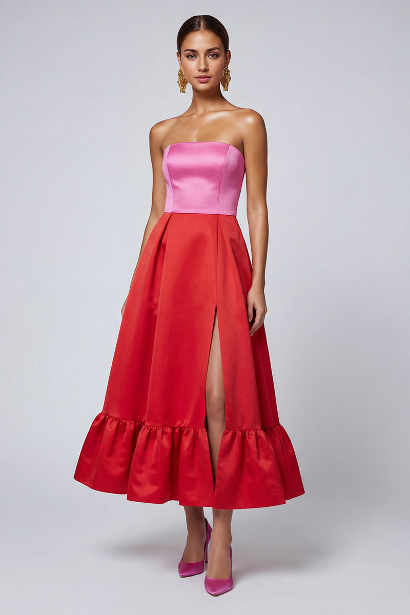 Laden Sie das Bild in den Galerie-Viewer, Trägerloses Rosa und Fuchsia A-Linie Midi Festkleid mit Schlitz