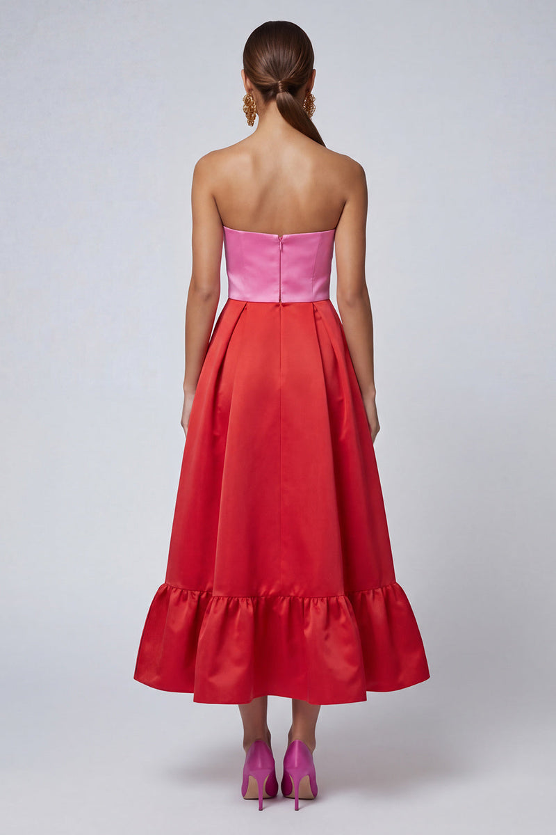 Laden Sie das Bild in den Galerie-Viewer, Trägerloses Rosa und Fuchsia A-Linie Midi Festkleid mit Schlitz