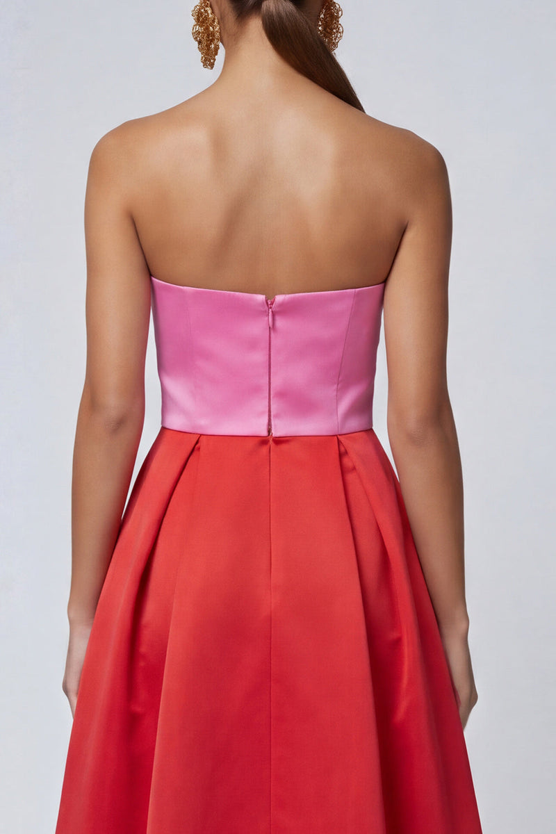 Laden Sie das Bild in den Galerie-Viewer, Trägerloses Rosa und Fuchsia A-Linie Midi Festkleid mit Schlitz