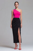 Laden Sie das Bild in den Galerie-Viewer, Ein Schulter Fuchsia und Schwarzes Scheide Midi Festkleid mit Schlitz