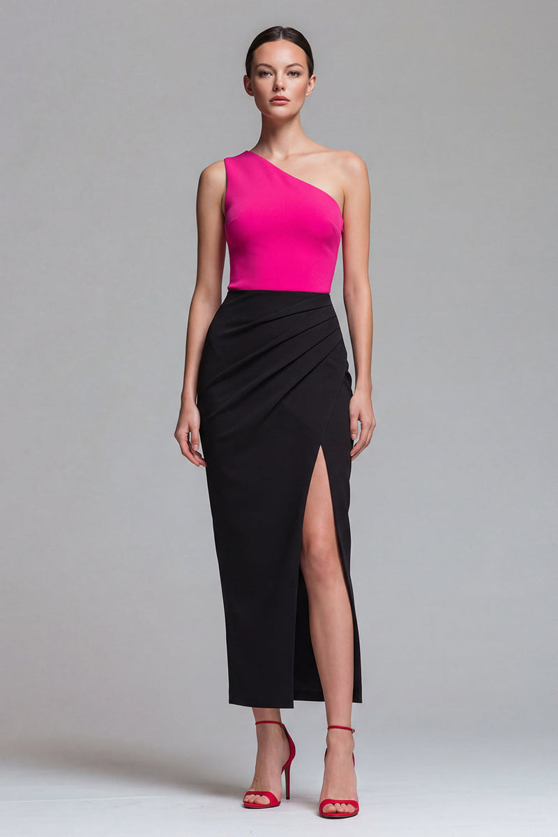 Laden Sie das Bild in den Galerie-Viewer, Ein Schulter Fuchsia und Schwarzes Scheide Midi Festkleid mit Schlitz