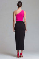 Laden Sie das Bild in den Galerie-Viewer, Ein Schulter Fuchsia und Schwarzes Scheide Midi Festkleid mit Schlitz